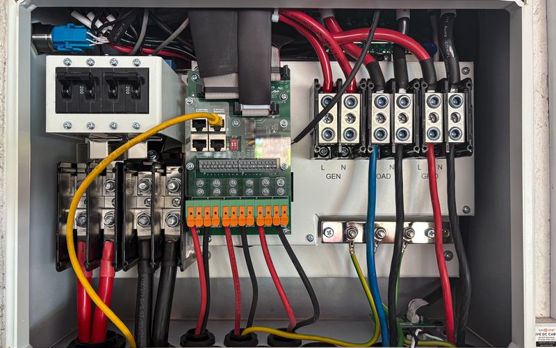 Inside a commercial electrical control panel showing wiring and circuits