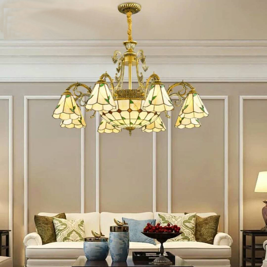 Decorative stained-glass ceiling light illuminating a living room